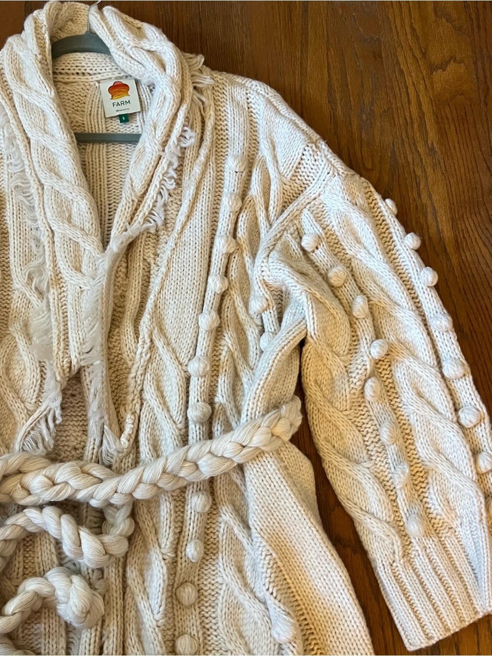 Farm Rio Khaki cream Braided Knit wrap Cardigan rope belt fall vibes sz small S - Picture 12 of 13
